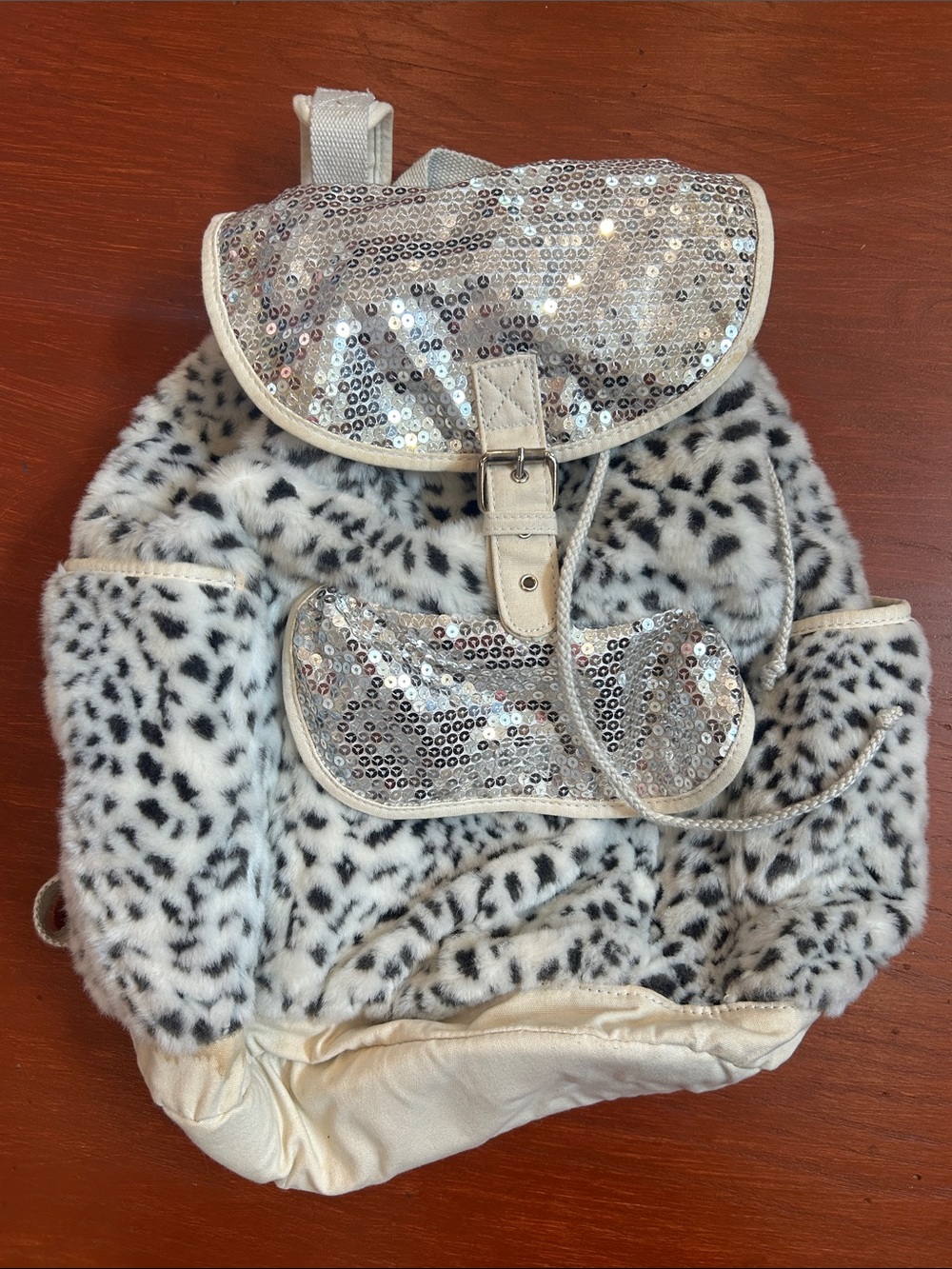 Girls White Faux Fur Leopard Backpack with Silver Sequin Accents